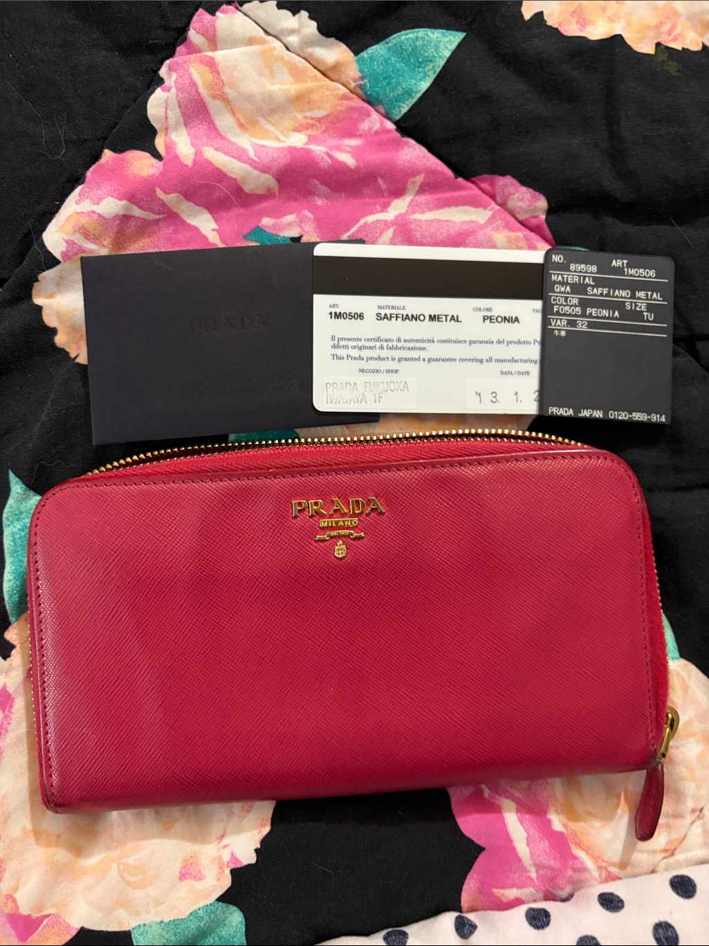 Prada Saffiano Zip-Around Wallet In Peonia Pink With Gold Hardware